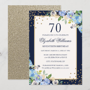 Convite floral azul Dourado do aniversário do 70