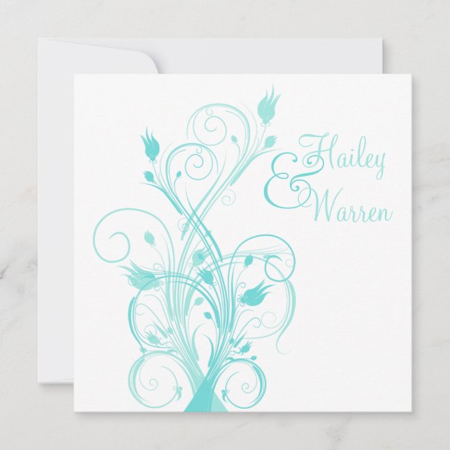Convite floral azul e branco do Aqua do casamento (Frente)