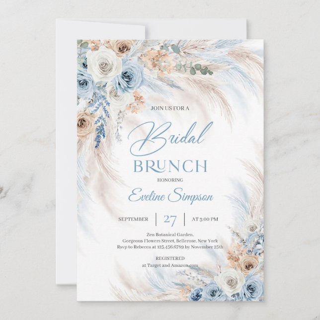 Convite Floral Azul e Rosas de Marfim Pampas Bridal Brunch (Frente)