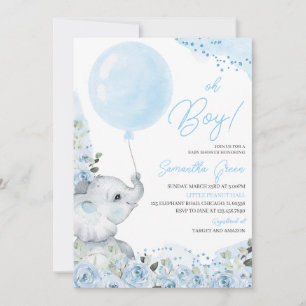 Convite Floral Azul É um Chá de fraldas Elefante