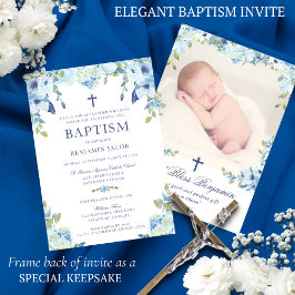 Convite Floral Azul Elegante com Batismo Fotográfico