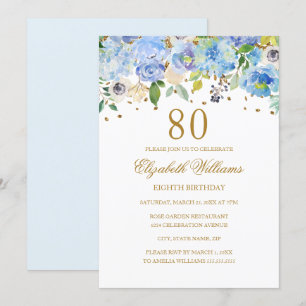 Convite Floral Azul Elegante para 80º Aniversário