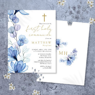 Convite Floral Azul Empoeirado para Primeira Comun