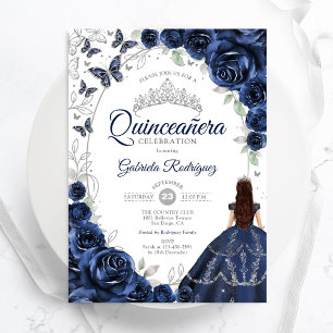 Convite Floral Azul Marinho Prata Quinceanera