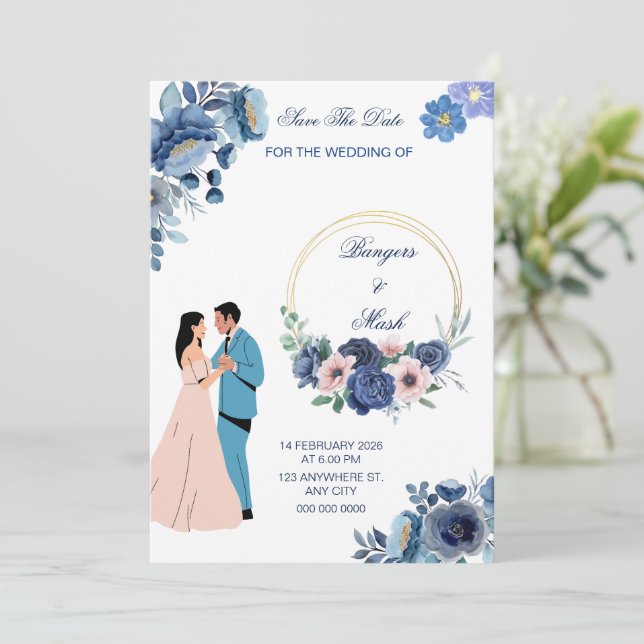 Convite Floral azul mínimo com Casal de casamento (Em pé/Frente)