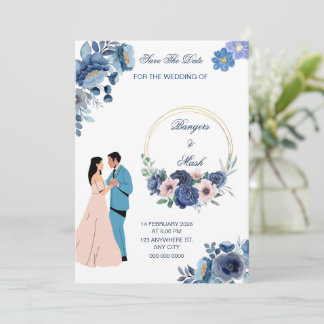 Convite Floral azul mínimo com Casal de casamento