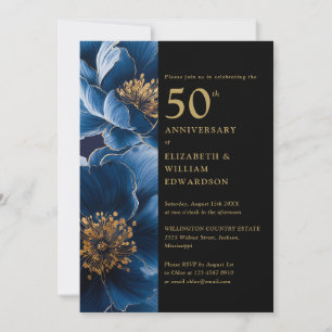 Convite Floral Azul Moderno Preto E Dourado 50º Aniversári