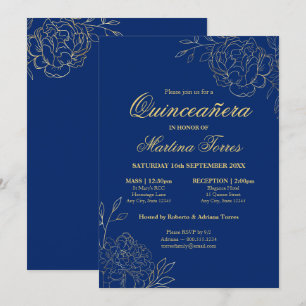 Convite Floral Azul Real Dourado Arte Fina Quinceanera