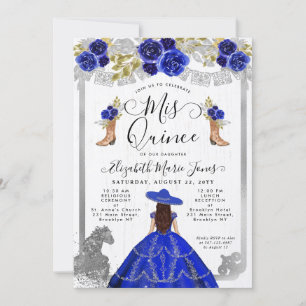 Convite Floral Azul Real Prata Cavalo Charra Quinceanera