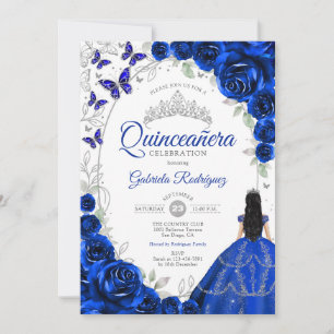 Convite Floral Azul Real Princesa Quinceanera Prata