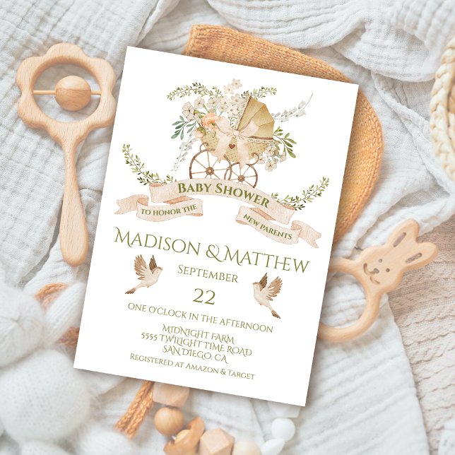 Convite Floral Baby Carruagem Watercolor Chá de fraldas (Criador carregado)