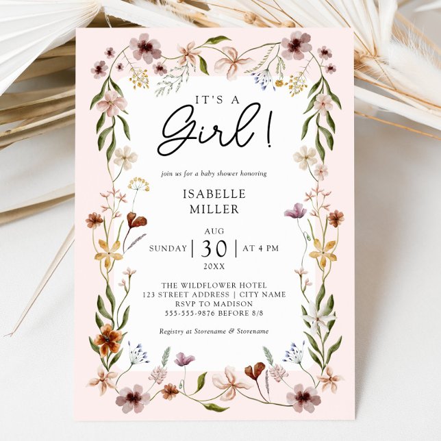 Convite Floral Baby Girl Chá Rosa (Floral Baby Girl Shower Pink Invitation)