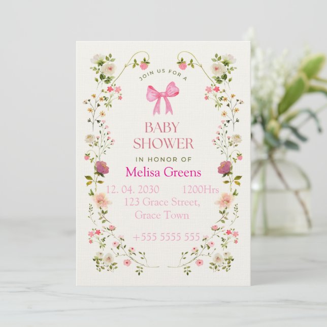 Convite Floral Baby Shower Invitation | Soft Pink waterco (Em pé/Frente)