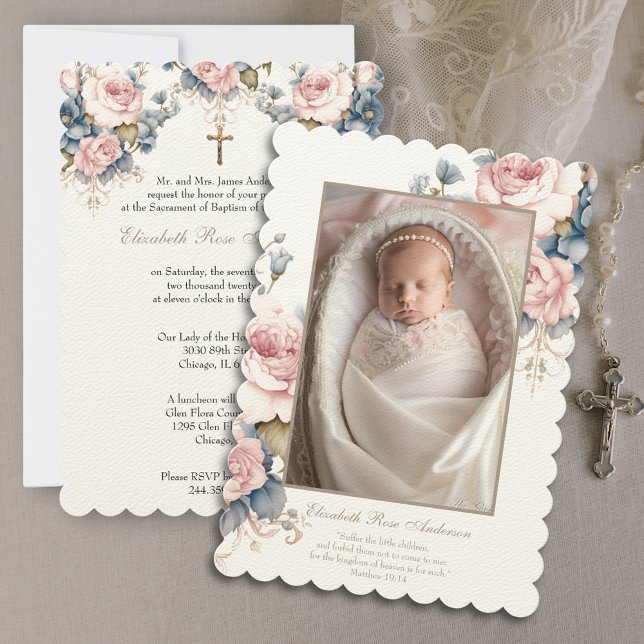 Convite Floral Baptism Baby Foto Escritura Cruz (Easy to customize, make this invitation uniquely yours!)