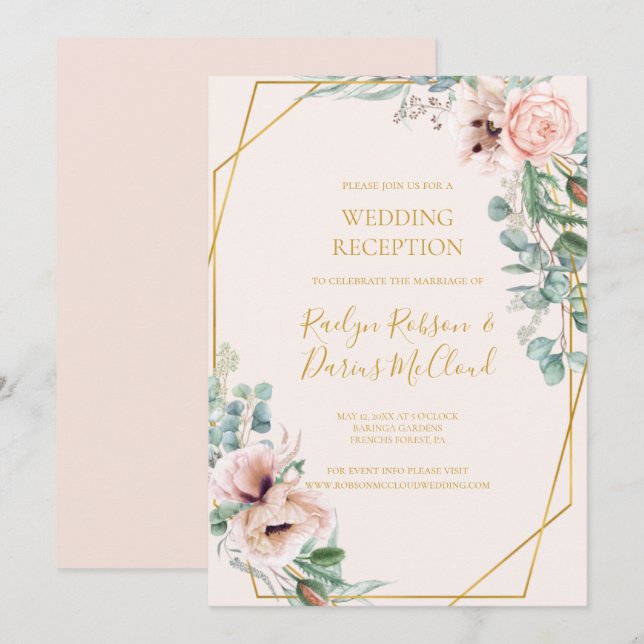 Convite Floral Bege Elegante | Recepção de Casamento Paste (Frente/Verso)