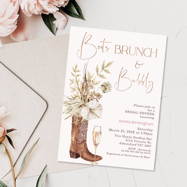 Convite Floral Beige Boots Brunch Chá de panela de espuma (Boho Beige Boot Brunch Bridal Shower Invitation Template, Floral Cowgirl Boot Bridal Shower Invite)