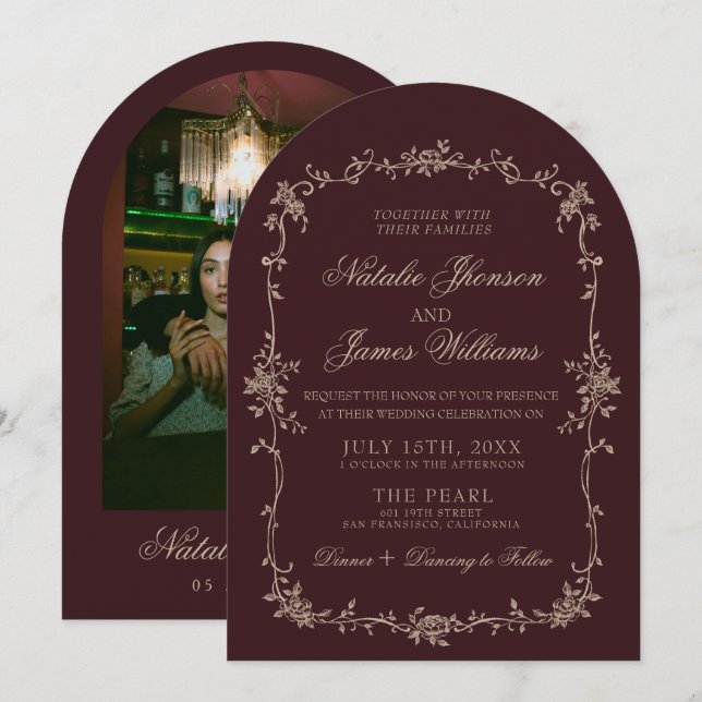 Convite Floral Beige Burgundy Old Money Arched Wedding (Frente/Verso)
