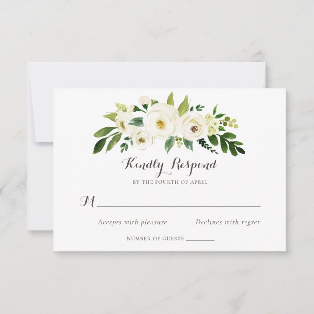 Convite Floral Beige White Greenery Elegante Crest RSVP (Frente)