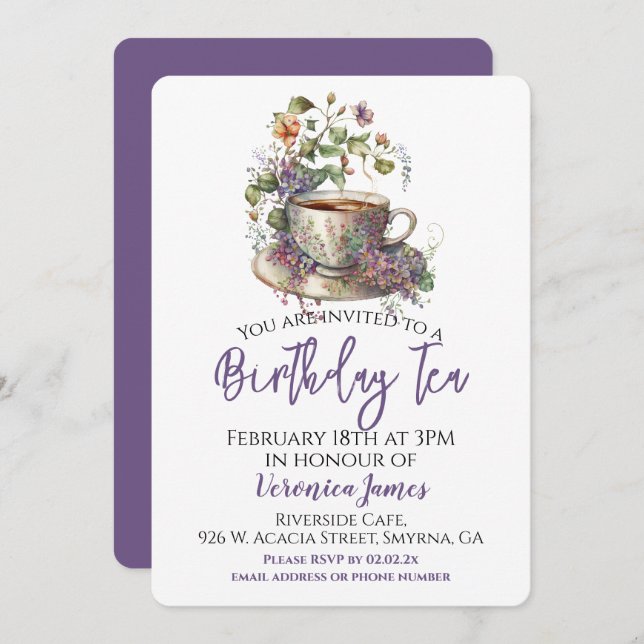 Convite Floral Birthday Tea Party (Frente/Verso)