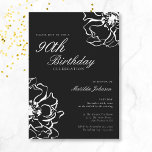 Convite Floral Black and White 90th Birthday<br><div class="desc">Convite de Aniversário Floral de 90 Branco e Preto. Nosso design de convite apresenta um incrível motivo floral preto e branco, combinando simplicidade com sofisticação. Os delicados motivos florais contrastam lindamente com o fundo estaladiço, criando um olhar simples e elegante. Junte-se a nós para uma noite inesquecível onde todos os...</div>