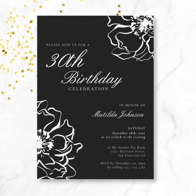 Convite Floral Black and White aniversário de 30 anos (Mockup View)
