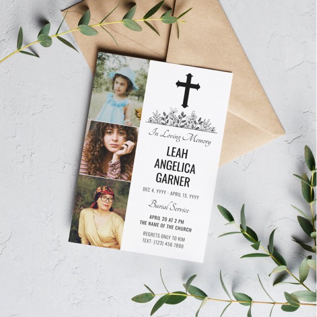 Convite Floral Black Cross 3 Fotos Serviço de Enterramento (Criador carregado)