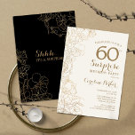 Convite Floral Black Dourado Surpresa 60ª Festa de anivers<br><div class="desc">Floral Black Dourado Surpresa 60º Convite de aniversário. Design minimalista moderno com sotaques botânicos e letra de escrita tipográfica. Simples cartão de convite floral perfeito para uma festa surpresa na moda. Pode ser personalizado para qualquer idade.</div>