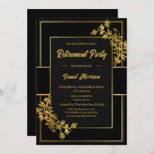 Convite Floral Black Dourado Surprise Retirement Party 202
