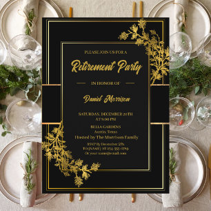 Convite Floral Black Dourado Surprise Retirement Party 202