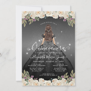 Convite Floral Black Silver Cinza Glam Princess Quinceaner