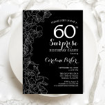 Convite Floral Black White Surprise 60th Festa de aniversá<br><div class="desc">Floral Black White Surprise 60º Convite de aniversário. Design minimalista moderno com sotaques botânicos e letra de escrita tipográfica. Simples cartão de convite floral perfeito para uma festa surpresa na moda. Pode ser personalizado para qualquer idade. Impressos convites Zazzle ou modelo de impressão digital instantânea para download.</div>