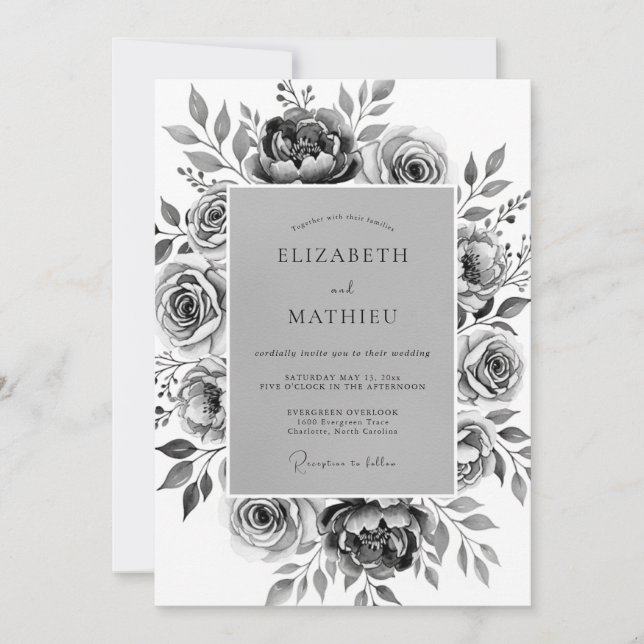 Convite Floral Bloom de Casamento Etéreo Cinza (Frente)