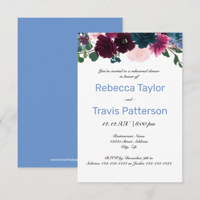 Convite Floral Blooms Blue - 3x5 Janto de ensaio (Frente/Verso)