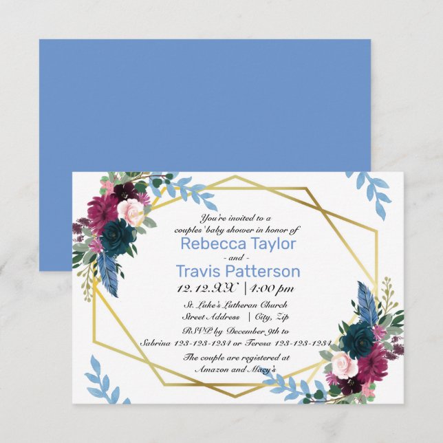 Convite Floral Blooms Mod Blue - Chá de fraldas 3x5 de Cas (Frente/Verso)