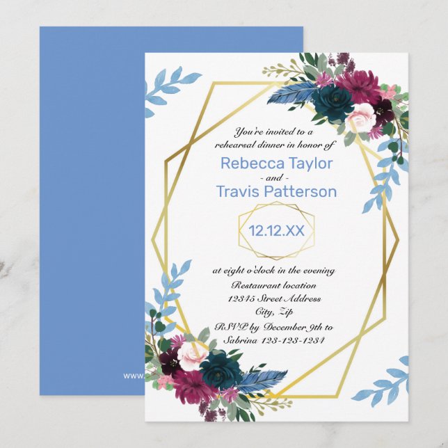 Convite Floral Blooms Mod Blue V - Jantar de Ensaios (Frente/Verso)