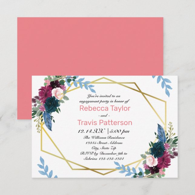 Convite Floral Blooms Mod Rosa - Festa de Noivado (Frente/Verso)