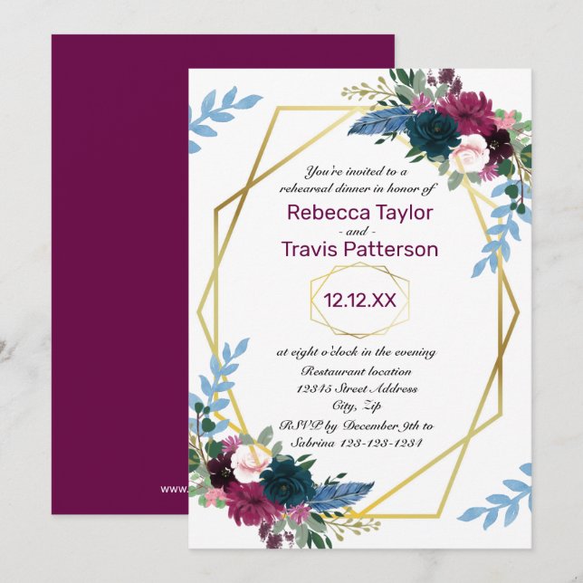 Convite Floral Blooms Mod Roxo V - Jantar de Rehearsal (Frente/Verso)