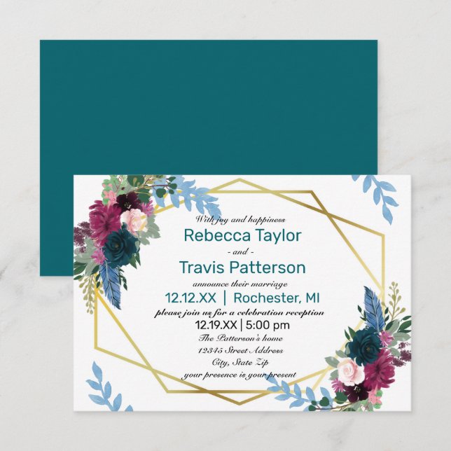Convite Floral Blooms Mod Teal -3x5 Aniversário de Casamen (Frente/Verso)
