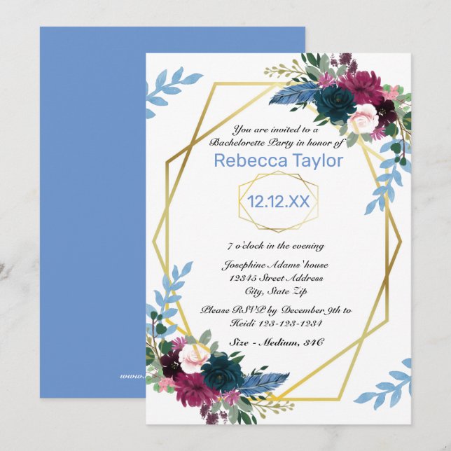 Convite Floral Blooms Mod Vert Azul - Festa de Despedida d (Frente/Verso)