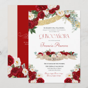Convite Floral Blooms Red & White Dourada Quinceañera