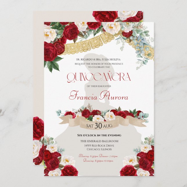 Convite Floral Blooms Red & White Dourado Charro Quinceañe (Frente/Verso)