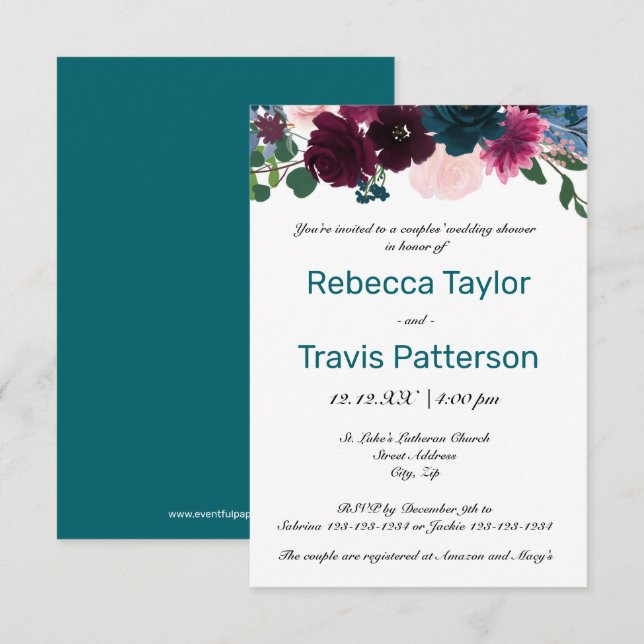 Convite Floral Blooms Teal - Chá de casamento 3x5 Casais (Frente/Verso)