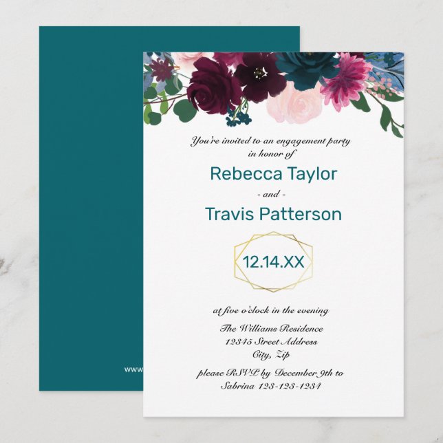 Convite Floral Blooms Teal - Festa de noivado (Frente/Verso)