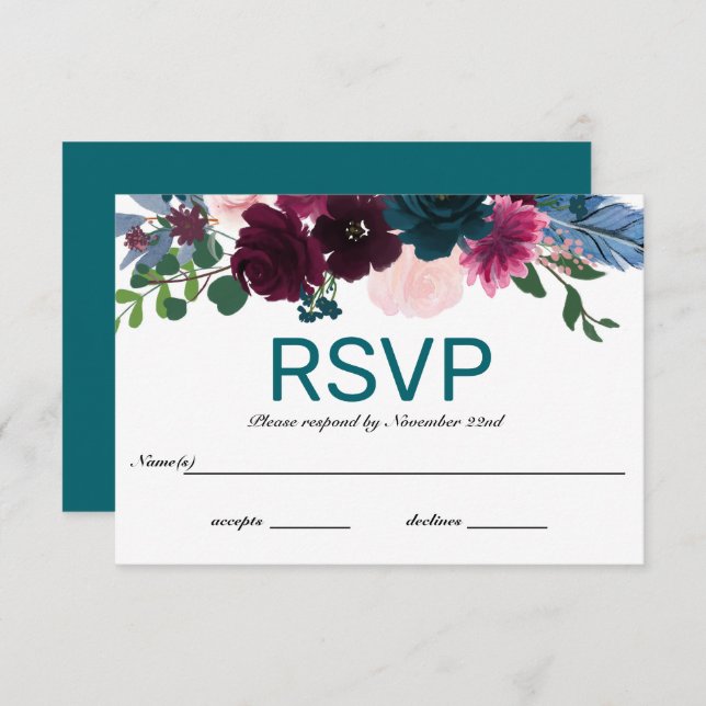 Convite Floral Blooms Teal - RSVP (Frente/Verso)
