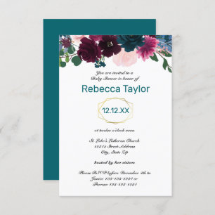 Convite Floral Blooms Teal Vertical - Chá de fraldas 3x5