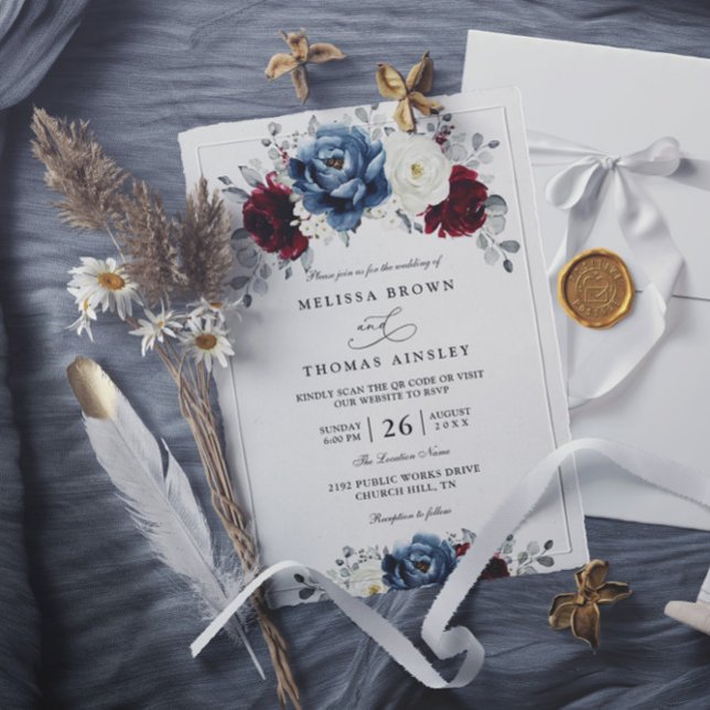 Convite Floral Blue Burgundy White Ivory QR Code Wedding (Criador carregado)
