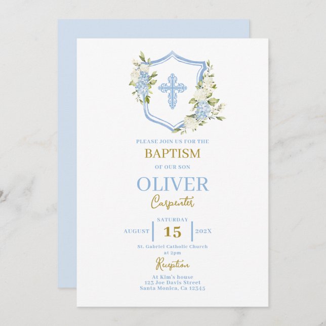 Convite Floral Blue Crest Baptism (Frente/Verso)