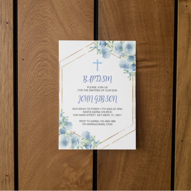 Convite Floral Blue Cross Baptism Boy (baptism blue cross boy invitation card)