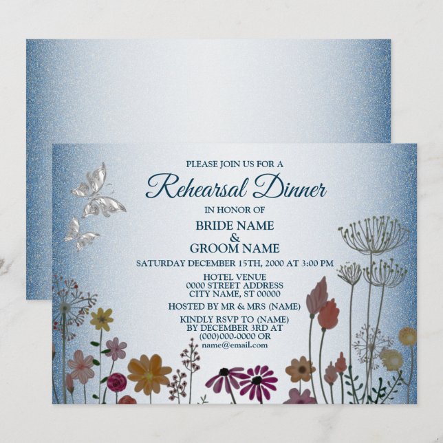 Convite Floral Blue Glitter Wedding Rehearsal Dinner Party (Frente/Verso)