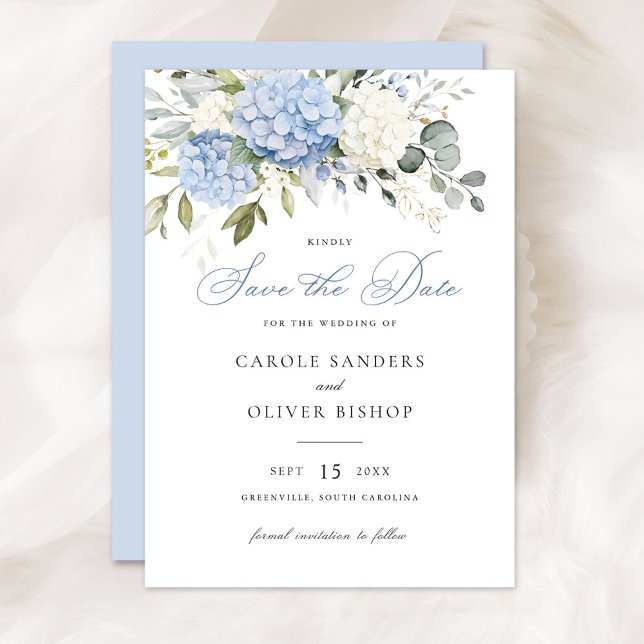 Convite Floral Blue Hydrangea Greenery Data de Salvamento (Criador carregado)